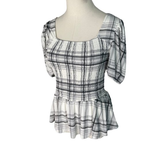 White Tops - Ember Medium Top Shirt Blouse Stretch Knit Gray White Plaid Off Shoulder